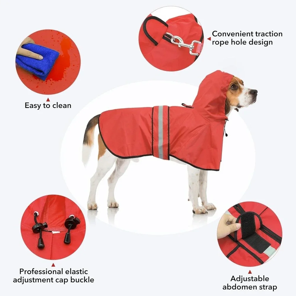 Waterproof Reflective Dog Raincoat Hooded Poncho Red NEW